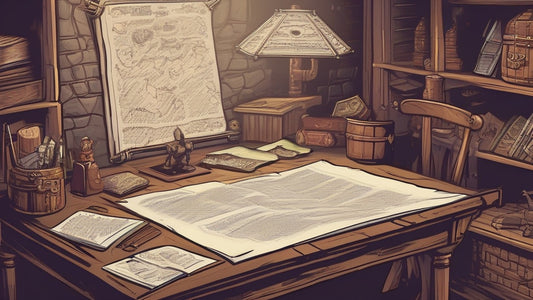 AI-generated image of a medieval-style dungeon master's desk covered in notes.